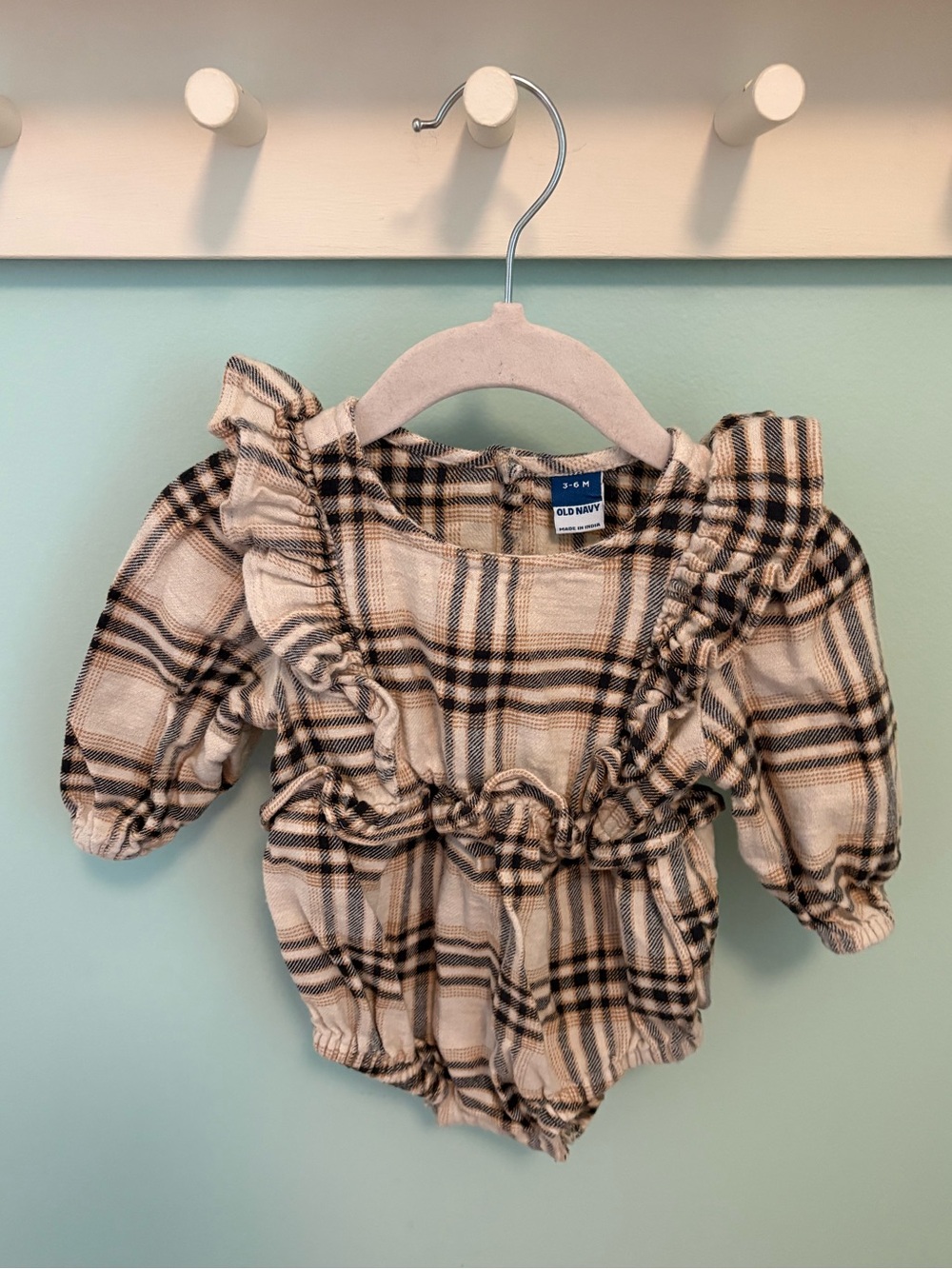 Old Navy Beige Plaid Ruffle Baby Romper